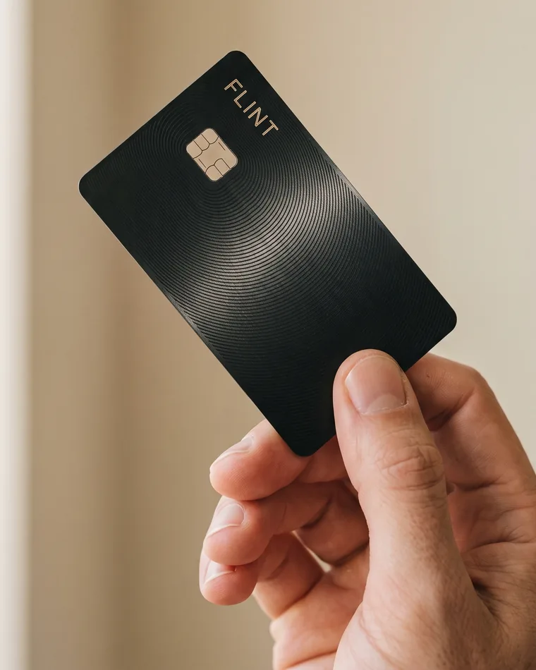 A hand holding the black machined-metal FLINT card, engraved with the FLINT wordmark.