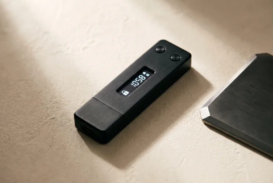 The FLINT card lying beside a hardware wallet device on a pale plaster surface.